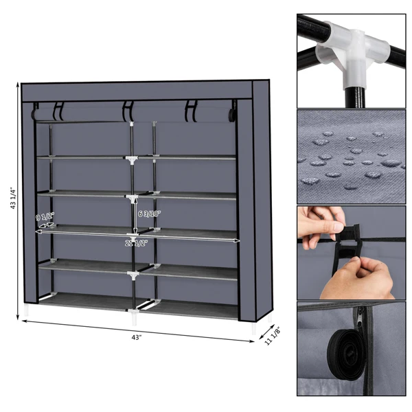 7 Tiers Portable Shoe Rack Closet Fabric Cover Shoe Storage Organizer Cabinet Gray view 3