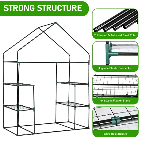 Mini Walk-in Greenhouse with PE Cover, 4-Shelf Indoor Outdoor Plant Gardening Green House for Garden Backyard, 56" x 29" x 77", Green view 2