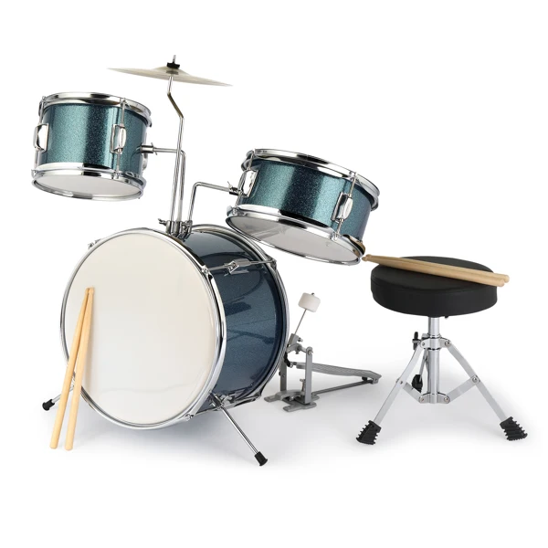 14"x10" 3-Pieces Junior Kids Drum Set Kit Pedal Drum Stick Wrench Drum Stool Sky Blue view 2