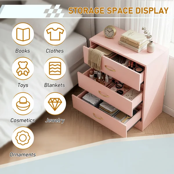 3-Drawer Chest with Faux Rose Gold Handles Drawer Dresser 22.05*12.99*25.98in Pink view 6