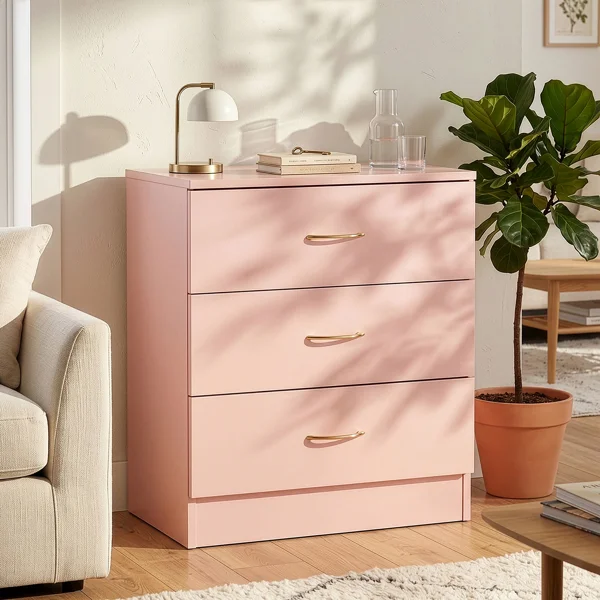 3-Drawer Chest with Faux Rose Gold Handles Drawer Dresser 22.05*12.99*25.98in Pink