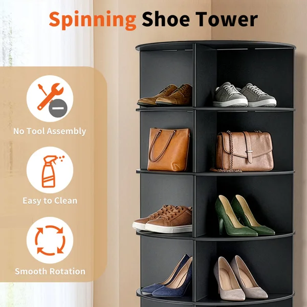 7-tier, 360° rotating wood-plastic composite shoe rack, 60*60*184cm, black view 6