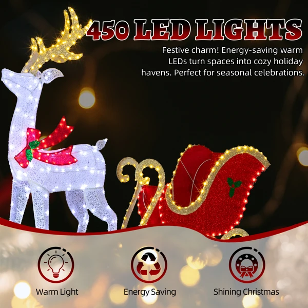 5ft Lighted Christmas Reindeer & Sleigh Outdoor Yard Decoration Set with LED Lights, Red & White view 4