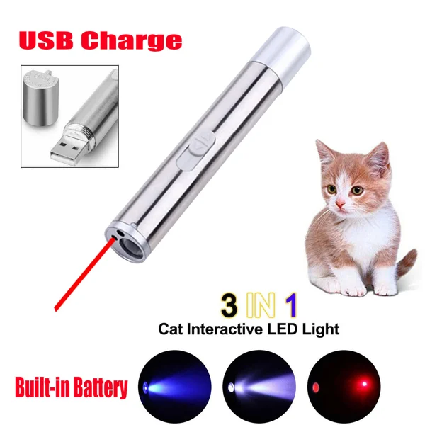 2PCS 3 in1 1mw USB Rechargeable Pet Toy Pen Flashlight Red laser Beam UV Light 3-Modes Lamp view 3