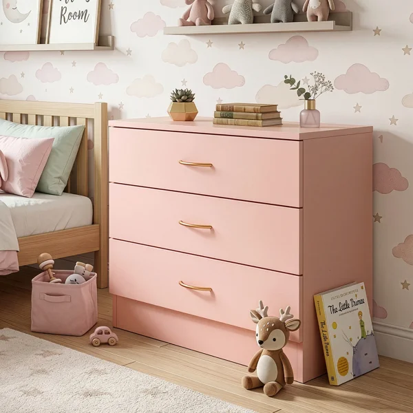 3-Drawer Chest with Faux Rose Gold Handles Drawer Dresser 25.98*12.99*22.05in Pink