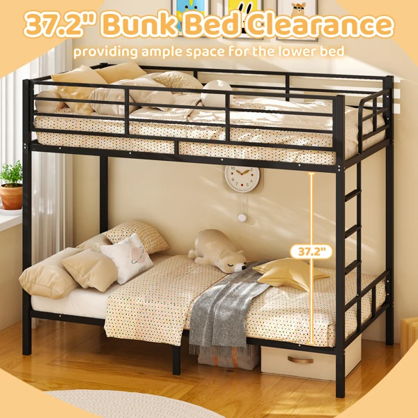 Black Twin Bunk Bed Square Tube High Guardrail Side Ladder Opening Iron Bed view 4