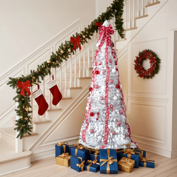 6 FT Fully Decorated Pre-lit Christmas Tree, Pop Up Artificial Xmas Tree with 100 Warm Lights and Red Ornaments for Home Office Store Holiday Deco, White view 3