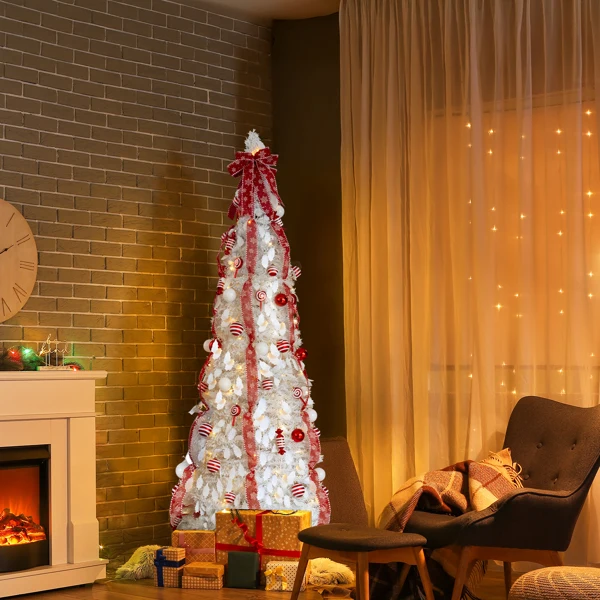 6 FT Fully Decorated Pre-lit Christmas Tree, Pop Up Artificial Xmas Tree with 100 Warm Lights and Red Ornaments for Home Office Store Holiday Deco, White view 5