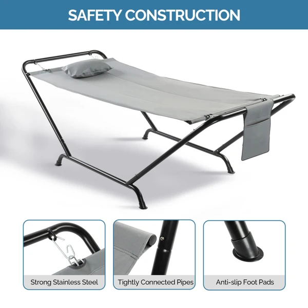 Freestanding Hammock with Stand, 600LBS Heavy Duty Outdoor Hammock Bed with Soft Pillow & Storage Bag, Grey view 4