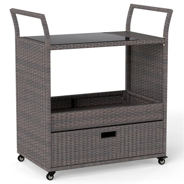 Handwoven PE Rattan Outdoor Bar Cart with Tempered Glass Top & Drawer, 4 Wheels with Brakes Serving Cart for Patio view 3