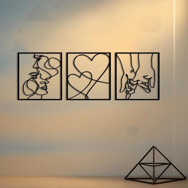 CIFbuy 3 Piece Romantic Metal Wall Art Set Minimalist Couple Silhouette,Love and Kiss Line Drawings,Heartwarming Decor for Bedroom,Living Room,Wed