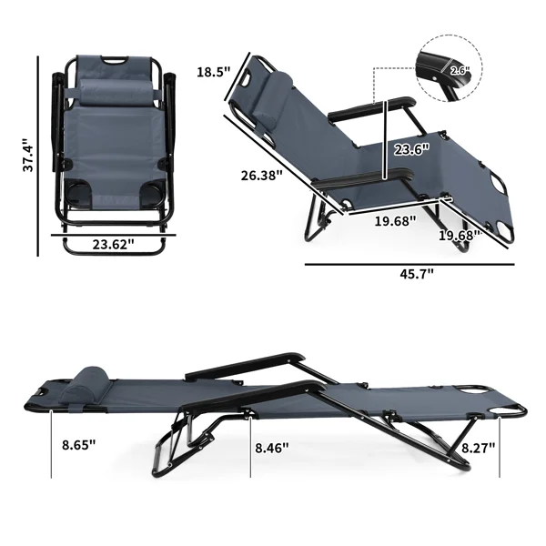 Portable Dual Purposes Extendable Folding Reclining Chair Grey view 3