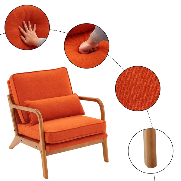 Oak Armrest Accent Chair, Single Upholstered Lounge Chair with Solid Oak Frame, Burnt Orange Indoor Leisure Chair view 2