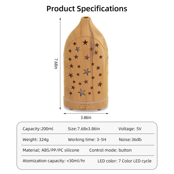 200ml Essential Oil Diffuser for Home 7 LED Color Changing, Ultra Quiet, BPA-Free Aromatherapy Diffuser for Office, Yoga & Sleep view 3