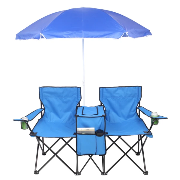 Portable Outdoor 2-Seat Folding Chair with Removable Sun Umbrella Blue view 4