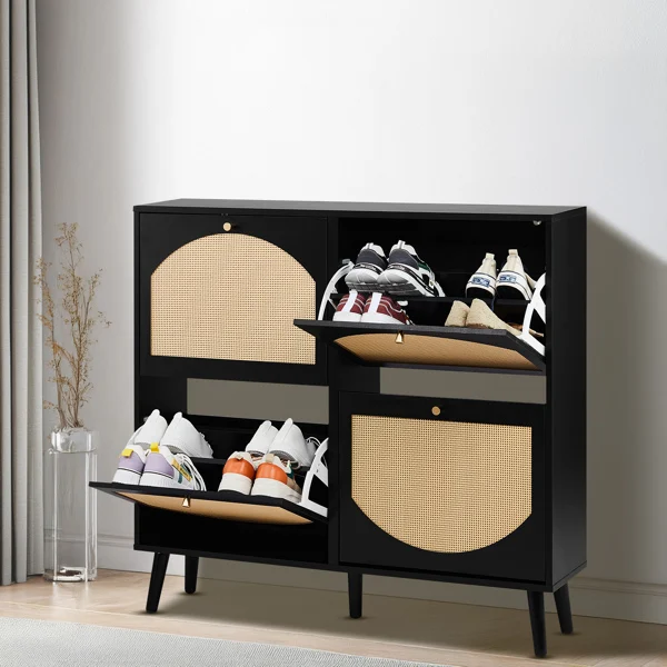 2 rows of 4 dump buckets with high-leg arched rattan shoe cabinet particle board + plastic rattan 105*24*98cm black frame + original wood rattan surface + black high-leg shoe cabinet