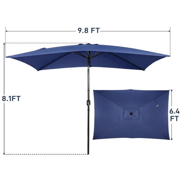 10 x 6.5 FT Square Patio Umbrella, Tilting Outdoor Sun Umbrella with 6 Iron Ribs and Iron Central Pole, Polyester Fabric Outdoor Shade Umbrella Navy Blue view 3