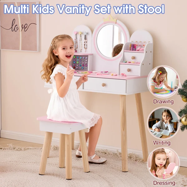 White and pink crown element, MDF + particleboard + solid wood legs, painted and melamine laminated, 4-drawer children's dressing table set view 4