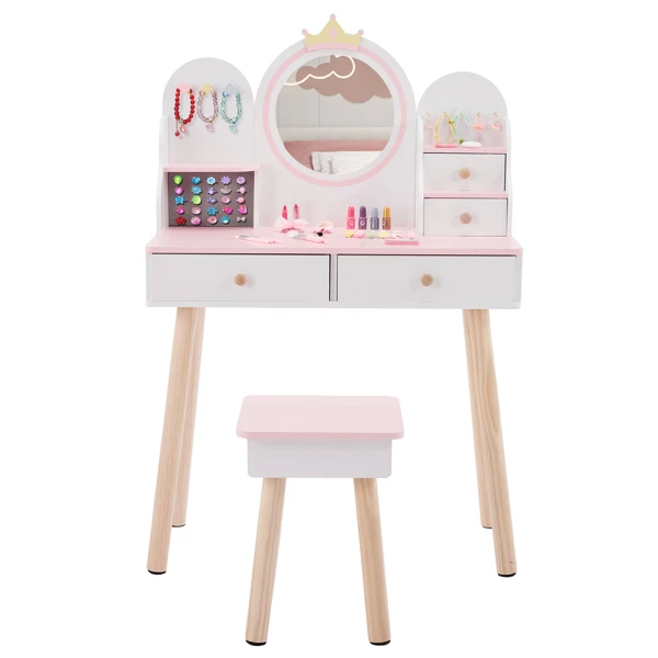 White and pink crown element, MDF + particleboard + solid wood legs, painted and melamine laminated, 4-drawer children's dressing table set view 5