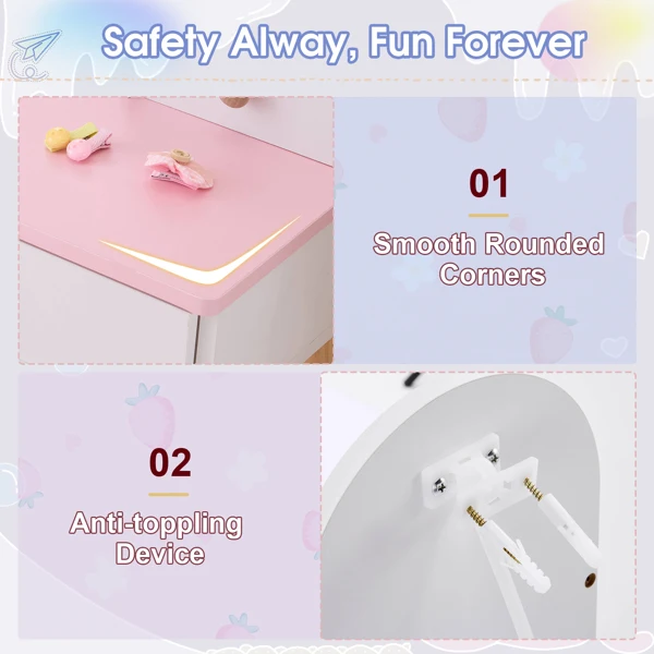 White and pink crown element, MDF + particleboard + solid wood legs, painted and melamine laminated, 4-drawer children's dressing table set view 6