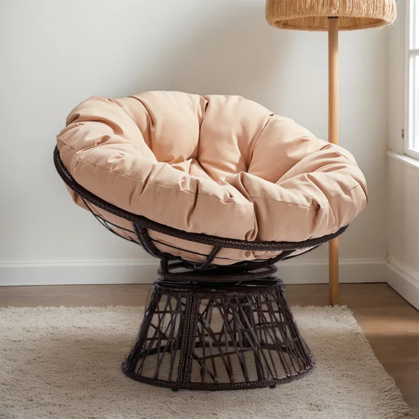 38" Ergonomic Swivel Wicker Papasan Chair with Thick Tufted Cushions, 360 Degree Rotatable Chairs for Living Room Bedroom Reading Room, Beige Cushion view 4