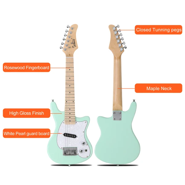 30in Maple Fingerboard Mini Electric Guitar Kit with 5W Amplifier Bag String Shoulder Strap Plectrum Cord Wrench Tool Light Green view 2