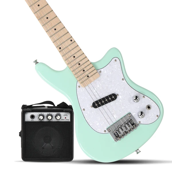 30in Maple Fingerboard Mini Electric Guitar Kit with 5W Amplifier Bag String Shoulder Strap Plectrum Cord Wrench Tool Light Green view 4