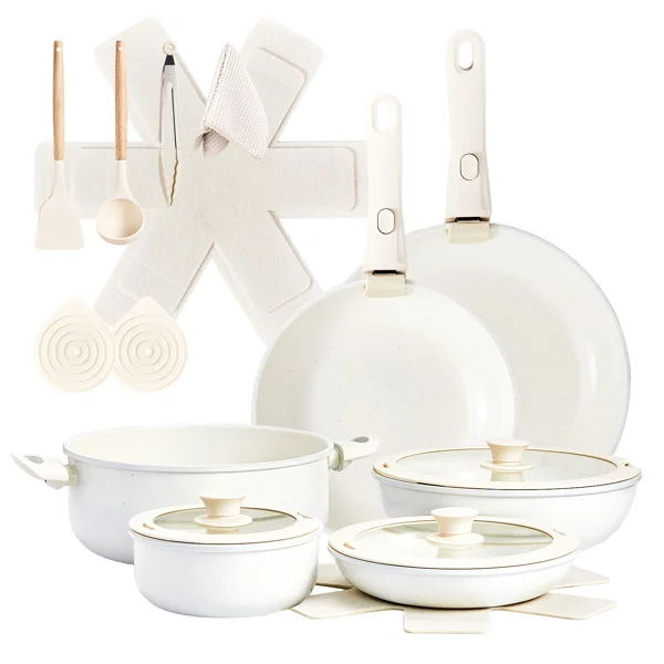 22-Piece Non-Stick Cookware Set, 6 Pots & 3 Lids, Removable Handles, Oven & Dishwasher Safe, Includes 28cm Soup Pot, Cream White Aluminum view 2