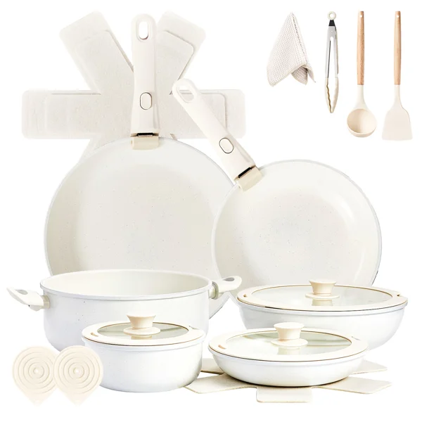 22-Piece Non-Stick Cookware Set, 6 Pots & 3 Lids, Removable Handles, Oven & Dishwasher Safe, Includes 28cm Soup Pot, Cream White Aluminum view 3
