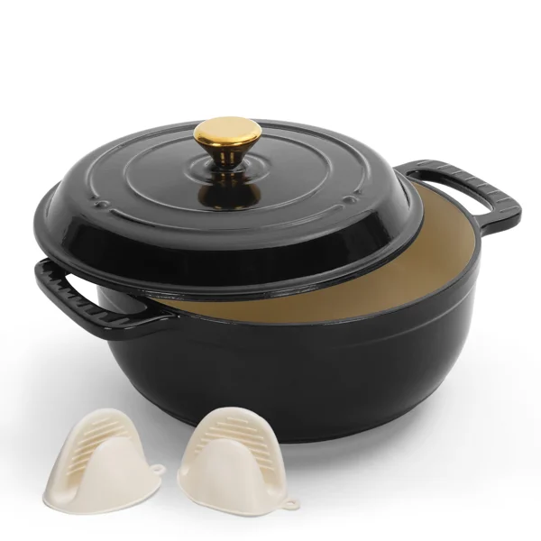 Cast iron 5QT cooking pot - Pure black - includes two silicone gloves - Enamel pot view 5