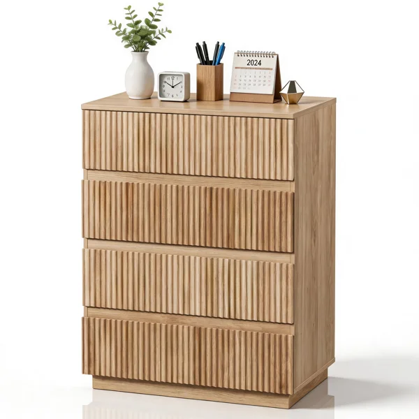 Handleless Grille-Finished 4-Drawer Bedside Table P2 Particleboard + MDF & Melamine Veneer + Thermoformed Drawer Dresser 23.62*14.96*30.71in Oak view 4