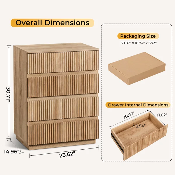 Handleless Grille-Finished 4-Drawer Bedside Table P2 Particleboard + MDF & Melamine Veneer + Thermoformed Drawer Dresser 23.62*14.96*30.71in Oak view 5