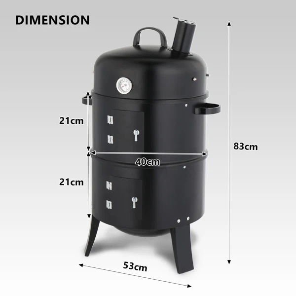 43 x 52 x 85 cm — Black Cylindrical Smoker with Chimney — Powder-Coated Iron view 2