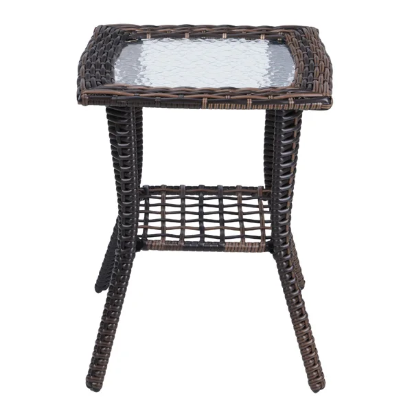 Outdoor Wicker Side Table, Rattan End Table with Glass Top, Patio Coffee Bistro Table for Indoor Garden Porch Balcony, Brown view 6