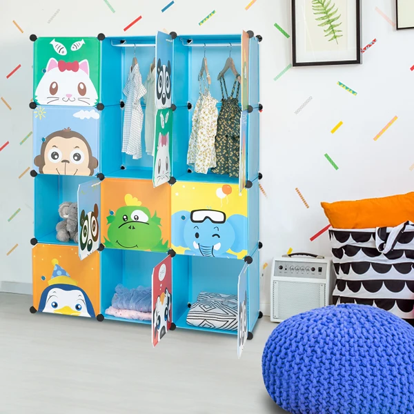 4-Layer 12-Grid 2-Hanging Rod Magic Cube Wardrobe, Plastic + Steel Wire Material with Animal Pattern, Pattern Door Blue Cabinet view 2