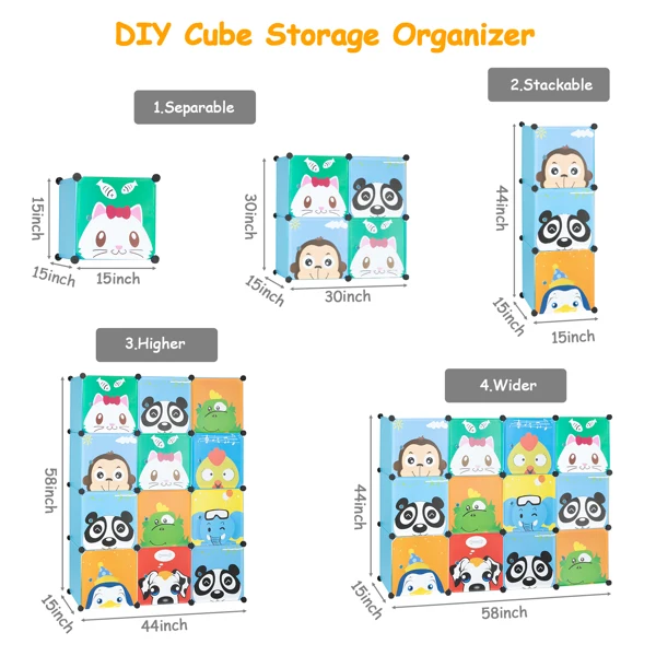 4-Layer 12-Grid 2-Hanging Rod Magic Cube Wardrobe, Plastic + Steel Wire Material with Animal Pattern, Pattern Door Blue Cabinet view 6
