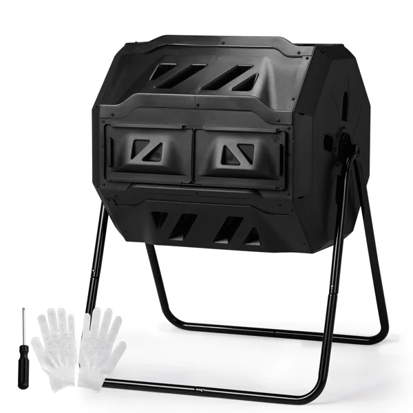 Outdoor Compost Tumbler Dual Chamber, Outdoor Tumbling Composter Dual Rotating Batch Compost Bin, 42 Gallon, Black view 2