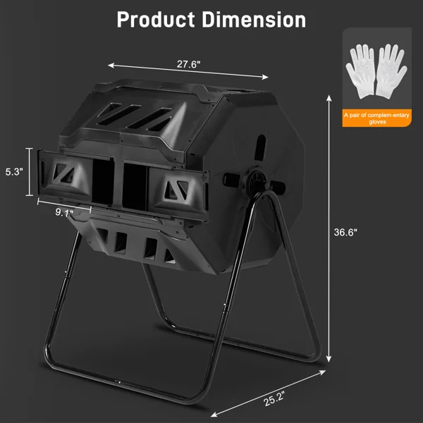 Outdoor Compost Tumbler Dual Chamber, Outdoor Tumbling Composter Dual Rotating Batch Compost Bin, 42 Gallon, Black view 3
