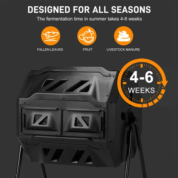 Outdoor Compost Tumbler Dual Chamber, Outdoor Tumbling Composter Dual Rotating Batch Compost Bin, 42 Gallon, Black view 5