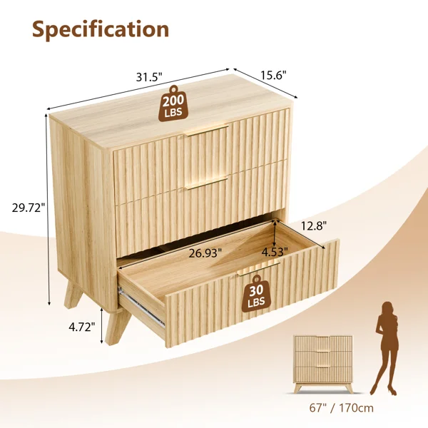 3-Drawer Cabinet with Slatted Fronts 31.5"*15.6"*29.72" Chest of Drawers Nightstand Oak view 5
