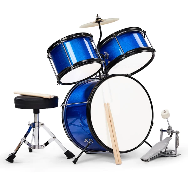 14"x10" 3-Pieces Junior Kids Drum Set Kit Pedal Drum Stick Wrench Drum Stool Dark blue view 2