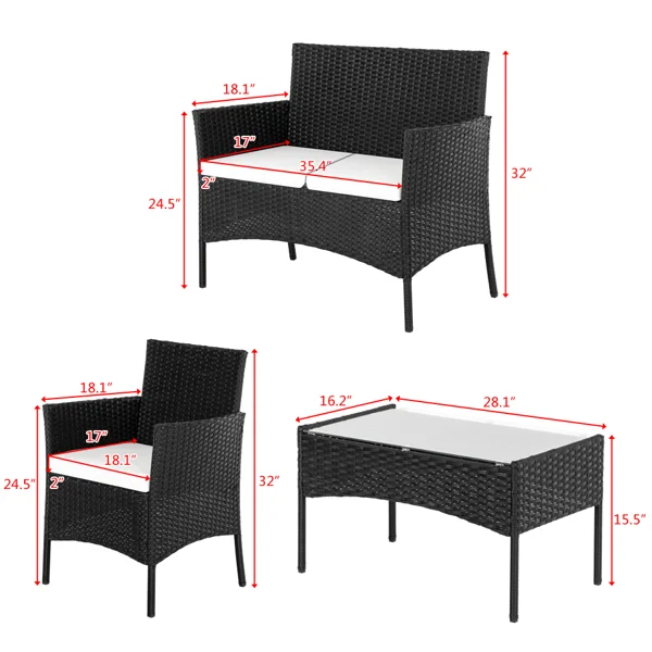 2pcs Arm Chairs 1pc Love Seat & Tempered Glass Coffee Table Rattan Sofa Set Black view 3