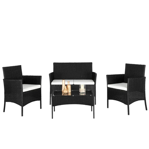 2pcs Arm Chairs 1pc Love Seat & Tempered Glass Coffee Table Rattan Sofa Set Black view 5