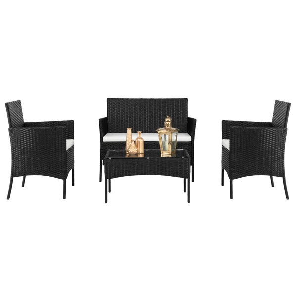 2pcs Arm Chairs 1pc Love Seat & Tempered Glass Coffee Table Rattan Sofa Set Black view 6