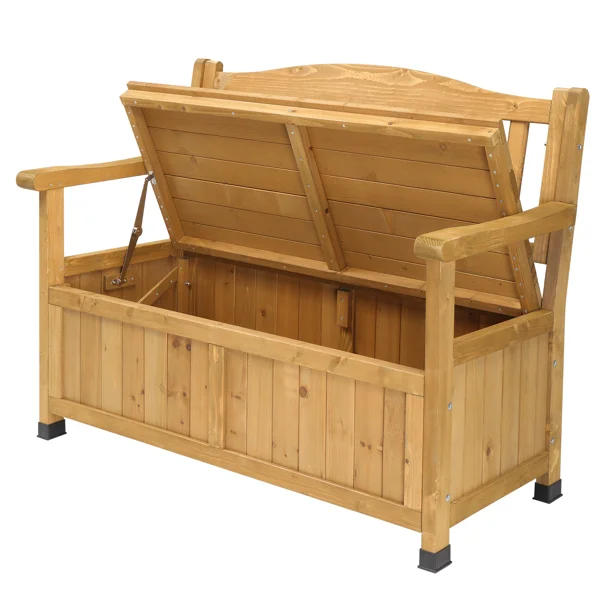 Outdoor Wooden Storage Bench, Large Deck Box with Seating & Armrest, Patio Organizer Loveseat for Garden Porch Deck Backyard Poolside view 3