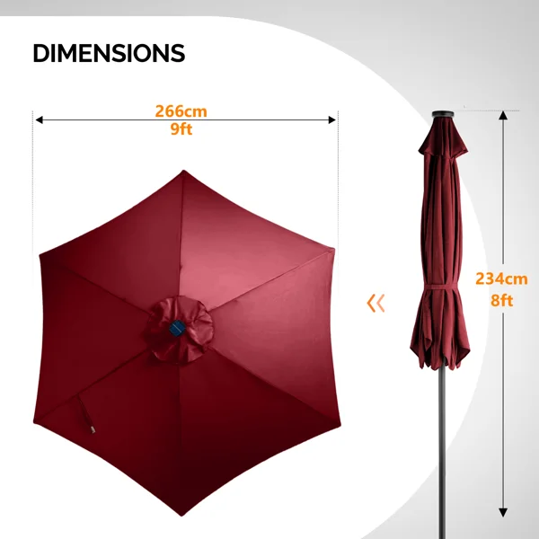 9ft Solar LED Patio Umbrella with Push Button Tilt & Crank, 6 Ribs Waterproof Polyester Outdoor Market Table Umbrella for Garden Backyard Pool, Burgundy view 2