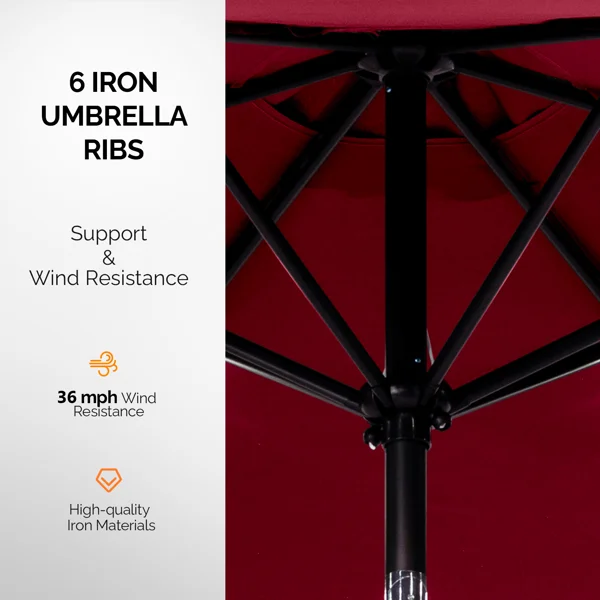 9ft Solar LED Patio Umbrella with Push Button Tilt & Crank, 6 Ribs Waterproof Polyester Outdoor Market Table Umbrella for Garden Backyard Pool, Burgundy view 3