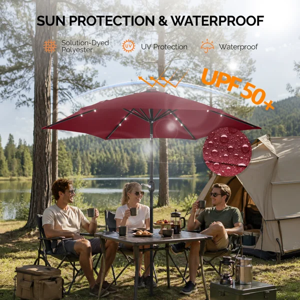 9ft Solar LED Patio Umbrella with Push Button Tilt & Crank, 6 Ribs Waterproof Polyester Outdoor Market Table Umbrella for Garden Backyard Pool, Burgundy view 5