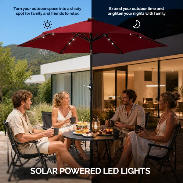 9ft Solar LED Patio Umbrella with Push Button Tilt & Crank, 6 Ribs Waterproof Polyester Outdoor Market Table Umbrella for Garden Backyard Pool, Burgundy view 6