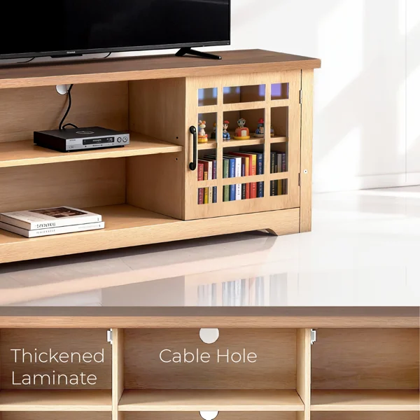 57.87 Inch TV Stand with Deep Brown Top & Natural Wood Cabinet - Double Glass Door Media Console, Laminate Particle Board Entertainment Center for TVs Up to 65 Inches view 3